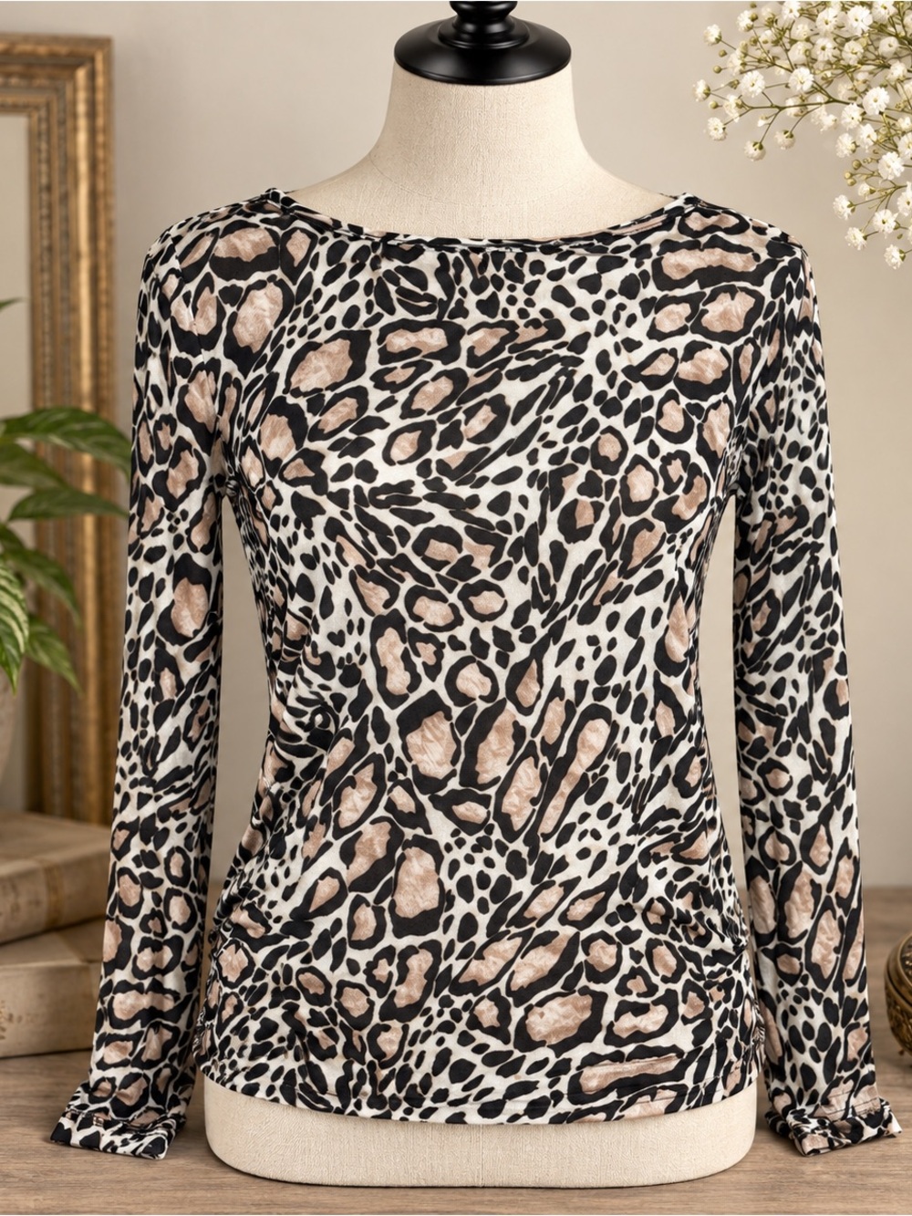 BCBGMAXAZRIA Sheer Cheetah Print Long Sleeve Top